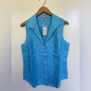 NWT Hinson Wu Aqua Blue Sleeveless Jocelyn Linen Button Down Top Sz 12